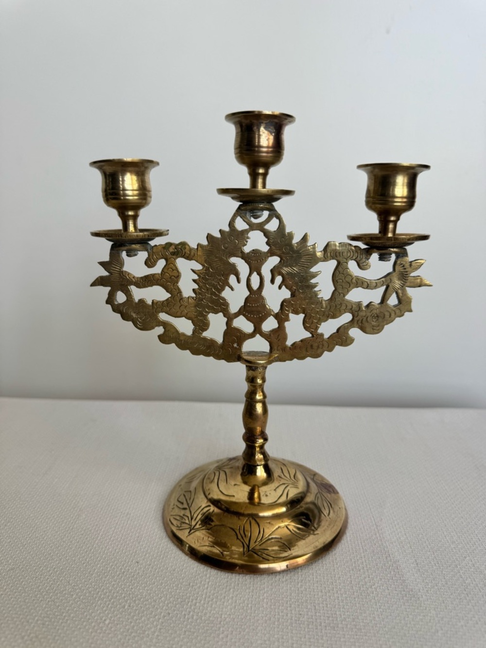 Vintage Engraved Brass Candelabra Candlestick Holder - Picture 3 of 4